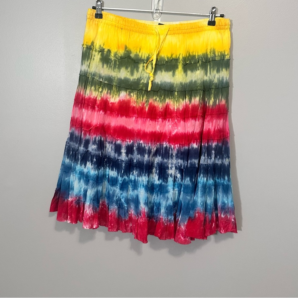 Jackpot  Tie Dyed Tiered Boho Festival Midi Skirt One Size Draw String Pull On